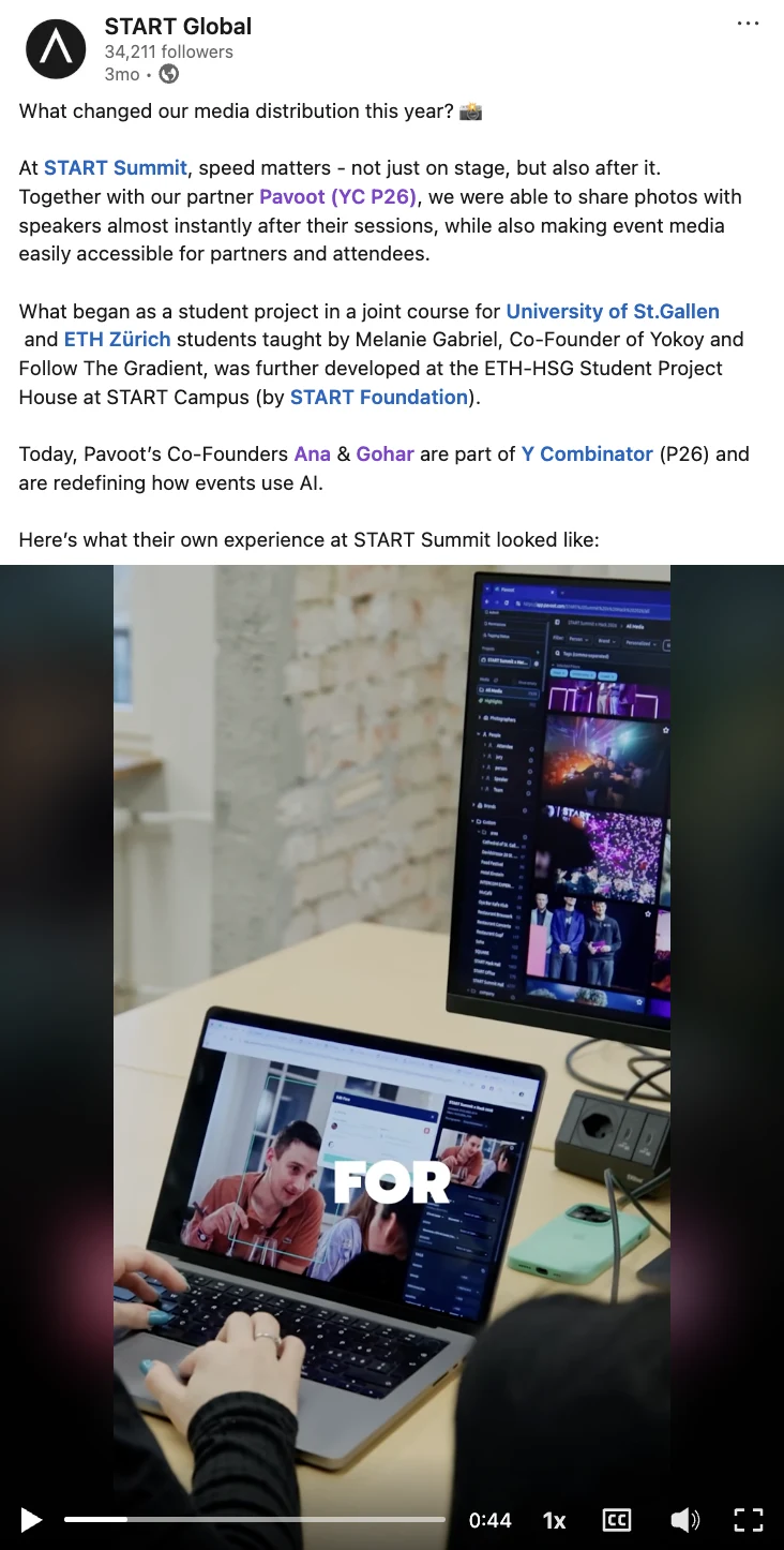 START Global LinkedIn post about Pavoot at START Summit